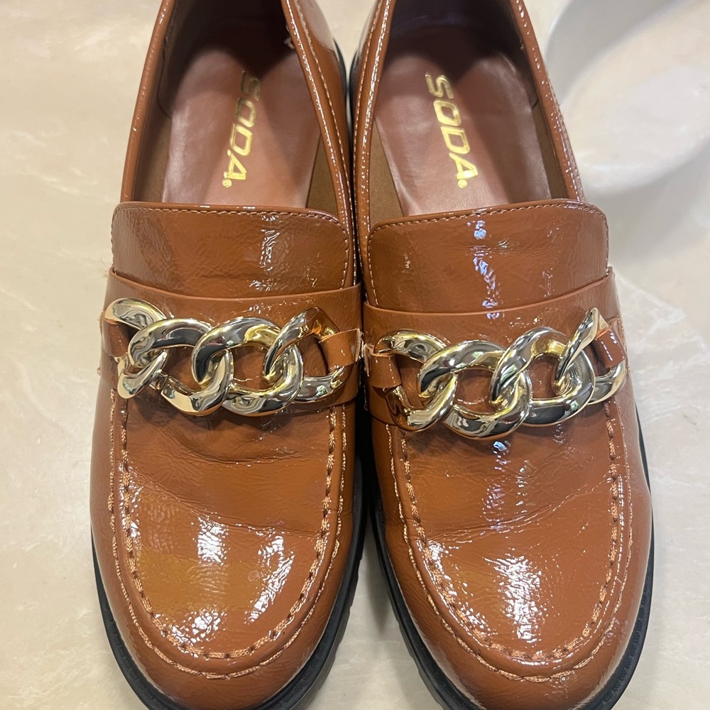 Soda Tan Loafers with Gold Chain Accent